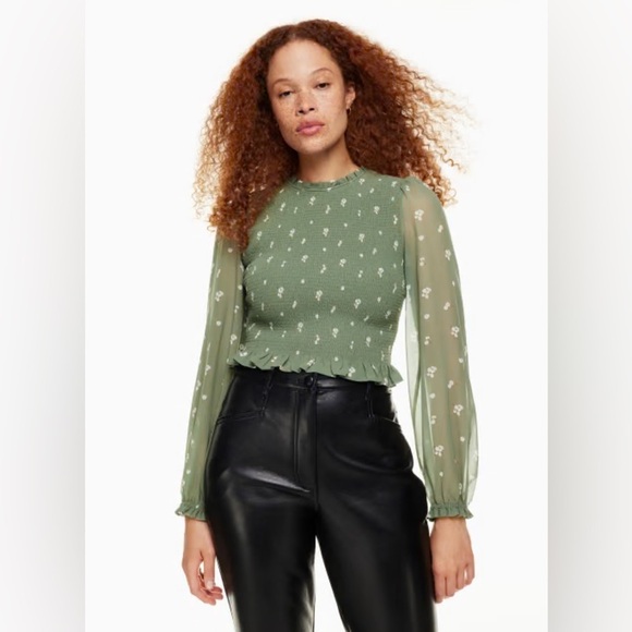 Aritzia Wilfred • Smocked Floral Long Sheer Puff Sleeve Blouse Sz M - Picture 2 of 10